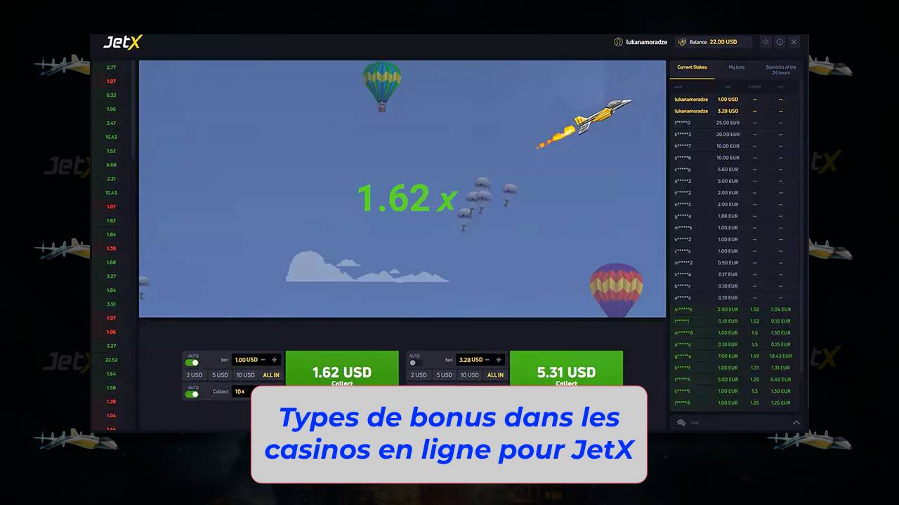 Types de bonus dans les casinos en ligne pour JetX